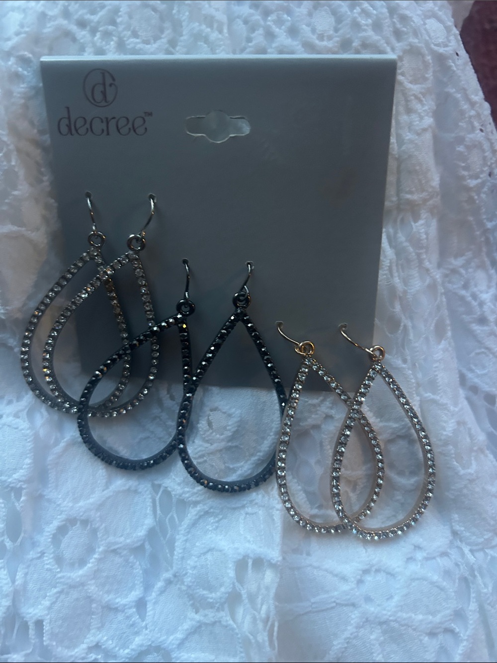 Decree Teardrop Crystal Earrings in Silver, Black & Gold Tones